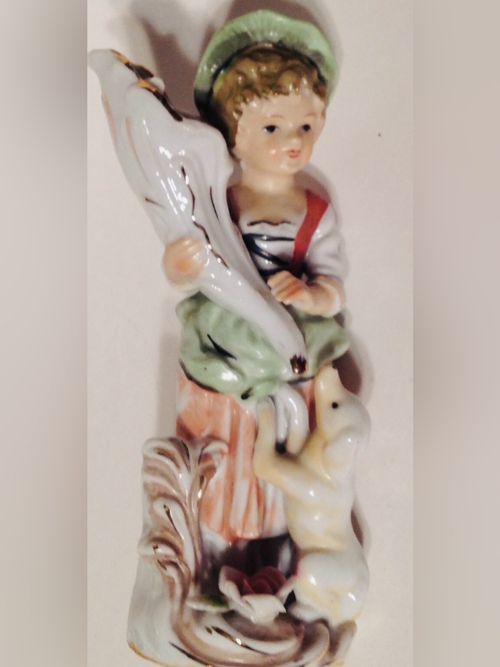 Vintage Figurine Boy Holding Cornucopia of Flowers Dog at His Feet 1960s